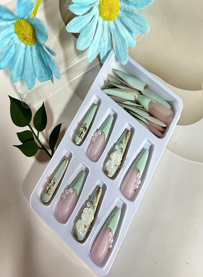 CJDLTS 24Pcs Green French Tip Press on Nails Long Length Gold Rose Flower and Pearl Design 3D Acrylic False Nail Full Cover Artificial Stick on Nails Almond Saped Press Ons Glue on Nails for Women - Image 5
